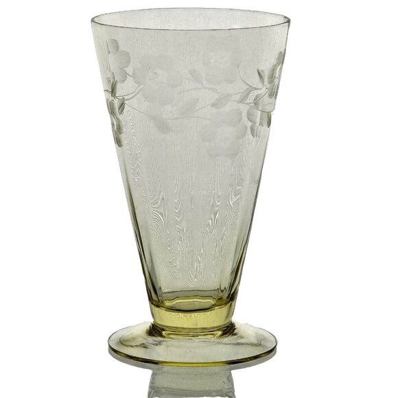 Tiffin Floral Etched Footed Ice Tea Tumbler 5" Mandarin Yellow Depression Glass - Picture 2 of 6